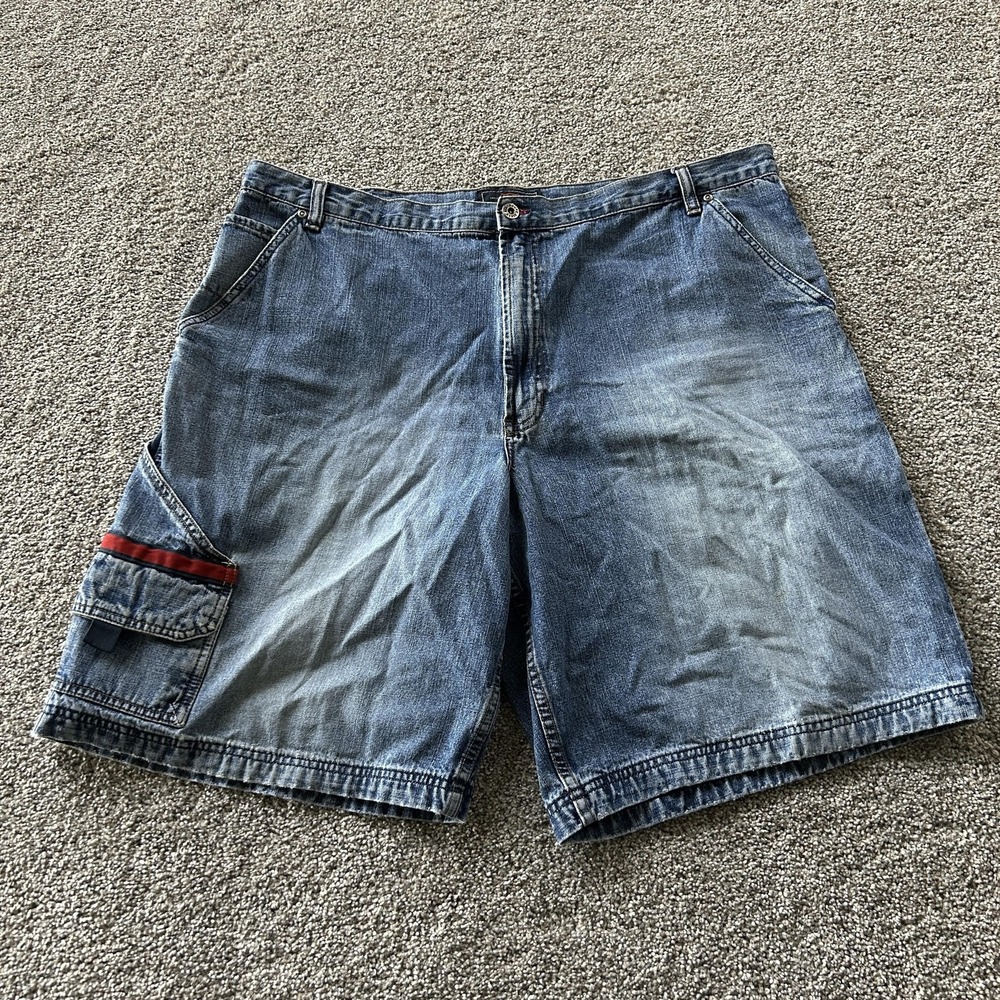 Y2K Route 66 Baggy Cargo Shorts Mens 42 Blue Cotton Denim Relaxed Fit Jorts